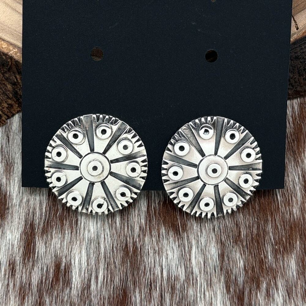 FEDERICO JIMENEZ Sterling Silver Modernist Style Flower Clip On Earrings Circles